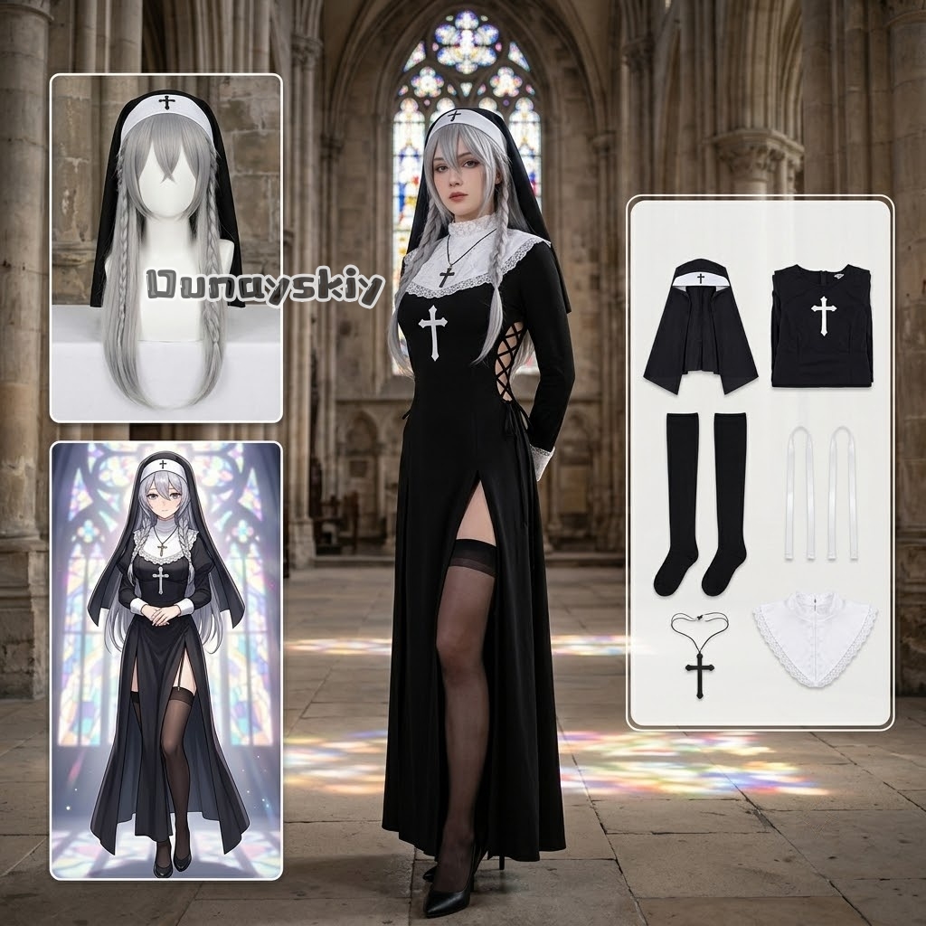 Photography Japanese - KS*06オリジナル修道女コスプレ衣装 ブラックレースビスチェ シアーメッシュ ハイ スリット セクシーユニフォームセット