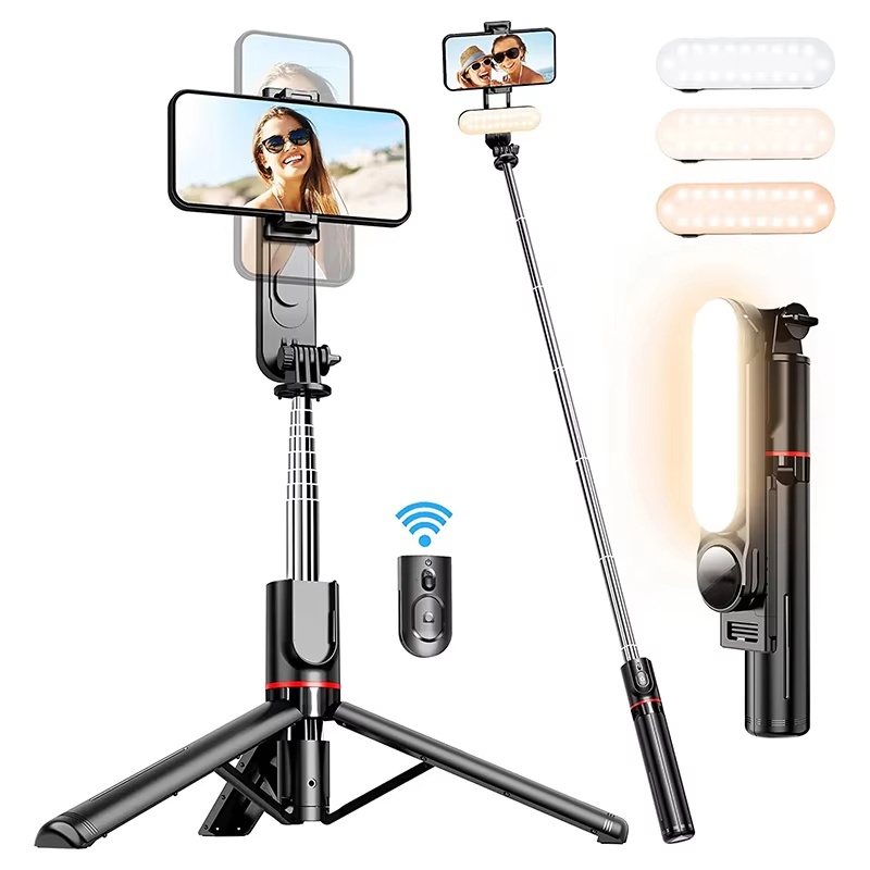 Photography Basics - ポータブルミニ360度回転セルフィースティック三脚、LEDフィルライト、Bluetoothリモコン付き、iPhone用伸縮式折りたたみ三脚