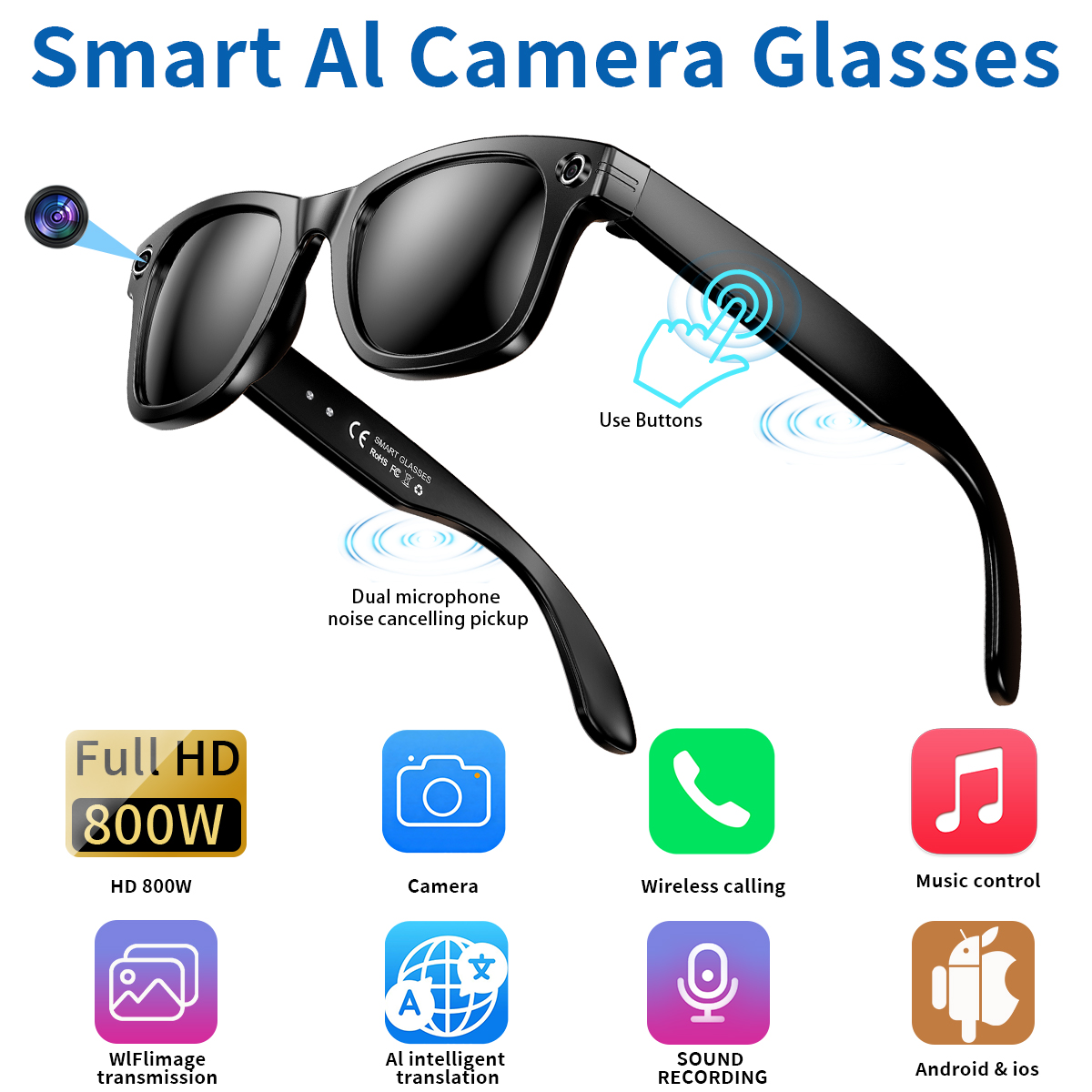 Photography Translate - LIGE新型スマートサングラス、調光レンズ、カメラ撮影、ビデオチャット、ChatGPT AIインタラクティブ翻訳機能搭載、男性向けスマートグラス