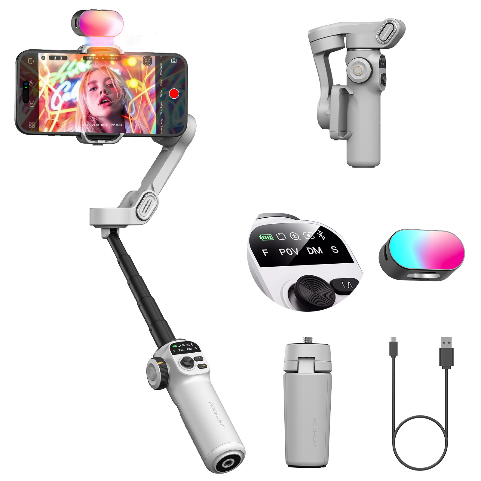 Handheld Stabilizer Gimbal - Aochuan Smart X2キット ホワイト 3軸ハンドヘルドジンバルスタビライザー 内蔵延長ポールとLED付き