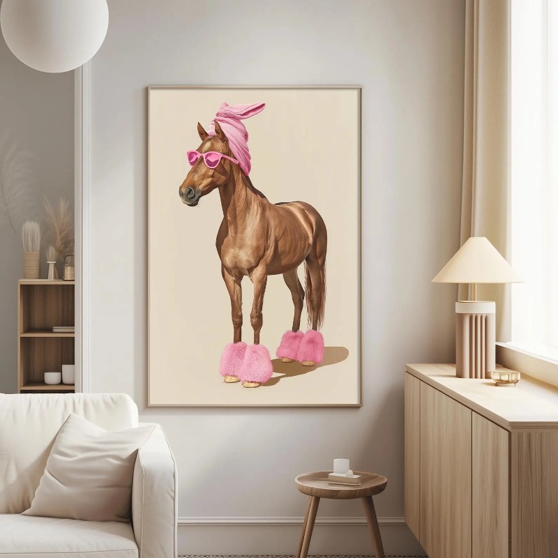 Photography Trend - 1ピースキャンバス絵画フレームレス面白い馬のファッションウォールアートプリント、ピンクのサングラス動物ポスター、スタイリッシュなスパ馬イラスト。