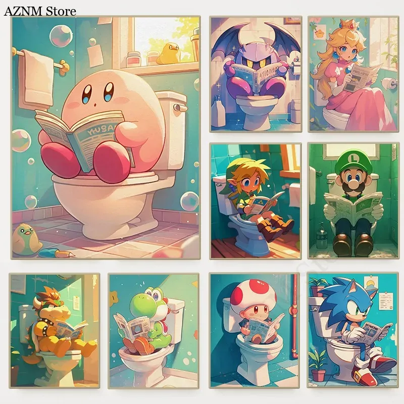 面白いバスルーム漫画ビデオゲームポスターかわいいアニメーショ - Photography Exhibition のレビューと価格
