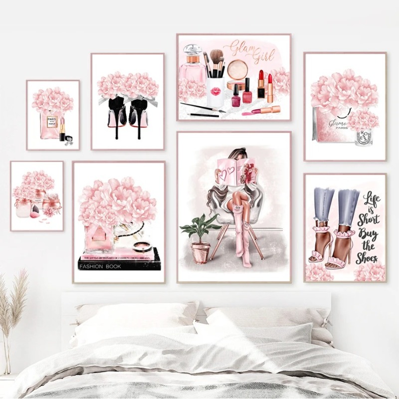 ピンクの花パリ香水ファッション口紅ヒールガールアートキャンバ - Photography Trend のレビューと価格
