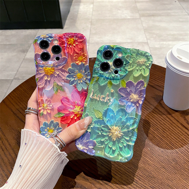 レトロな青色の光の油絵風フラワーウェーブシリコン製iPhon - Photography Hobby のレビューと価格